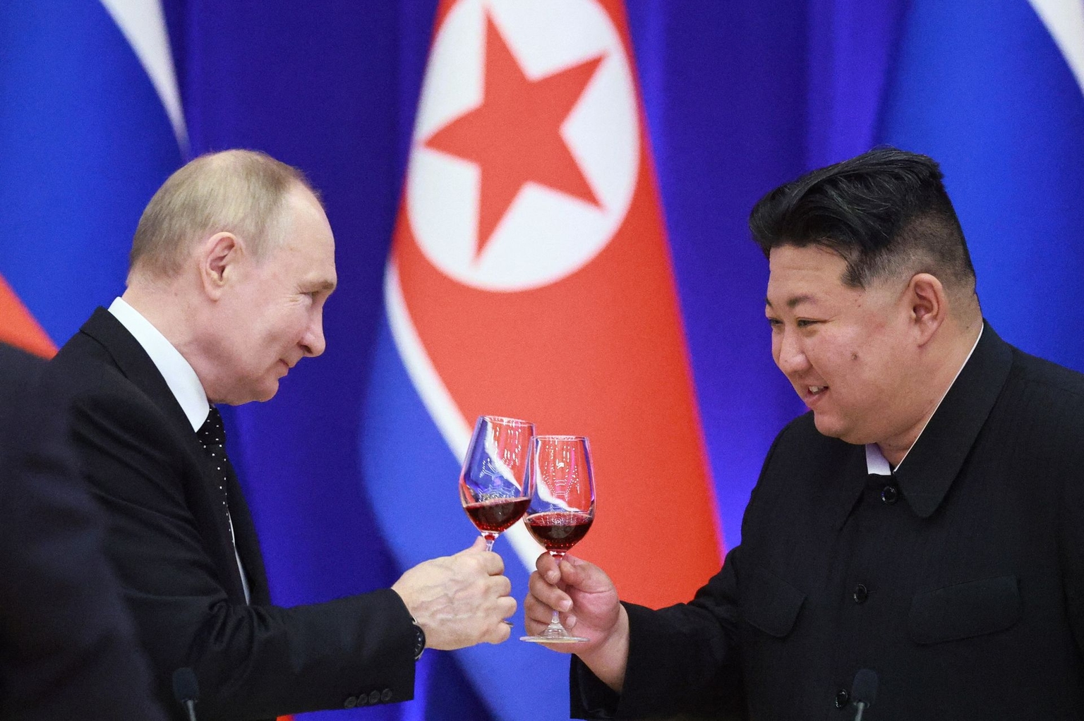 Russian President Vladimir Putin (L) and North Korean leader Kim Jong Un (L) in Pyongyang, North Korea, on June 19, 2024.