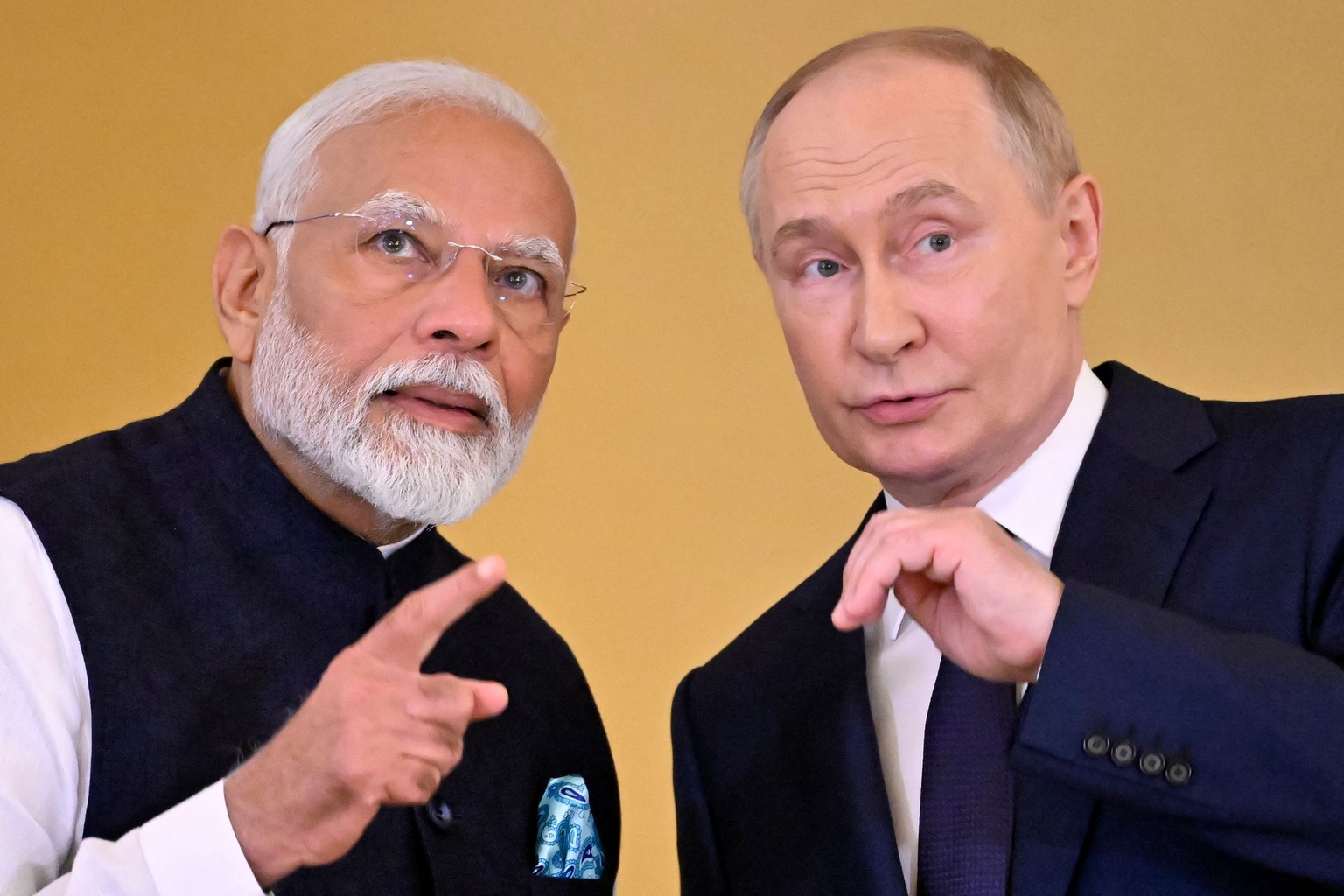 Russian President Vladimir Putin (R) and Indian Prime Minister Narendra Modi (L) in Moscow, Russia, on July 9, 2024.