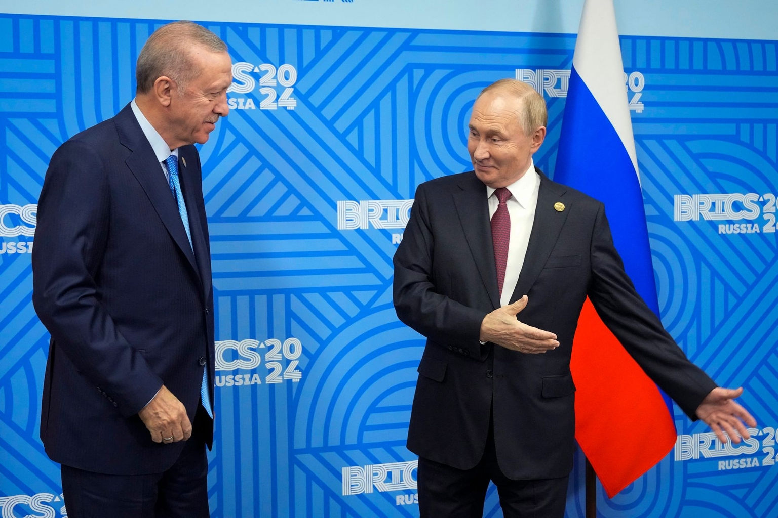 Russian President Vladimir Putin (R) meets with Turkish President Recep Tayyip Erdogan (R) in Kazan, Russia, on Oct. 23, 2024.