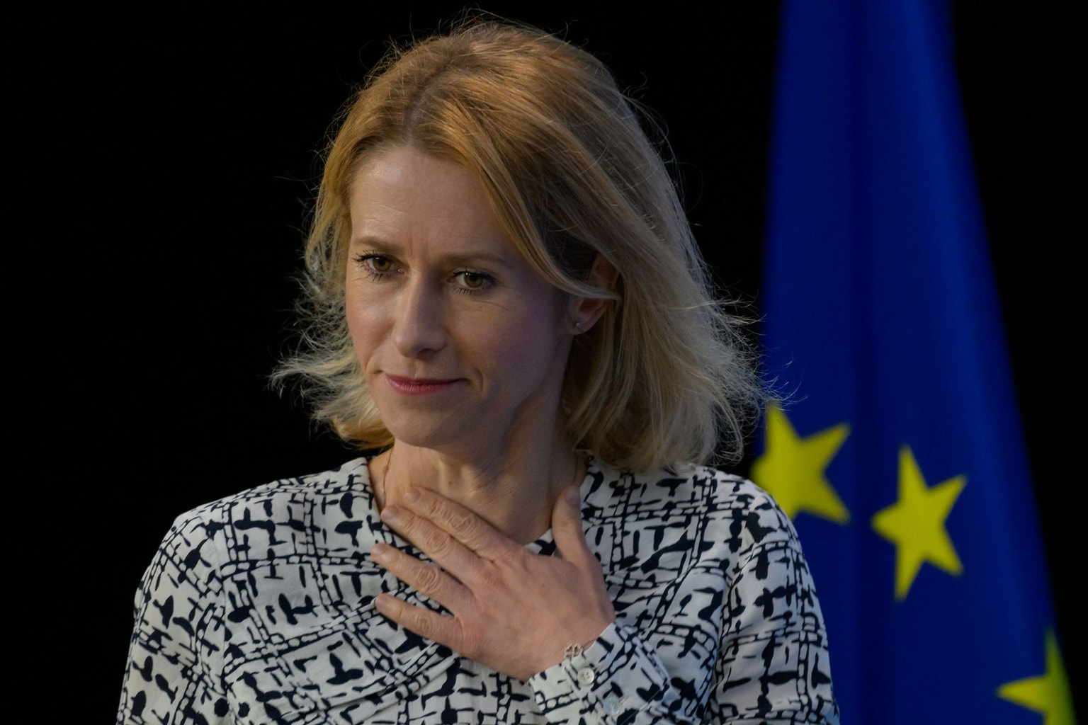 EU Commission Vice-President and High Representative for Foreign Affairs and Security Policy Kaja Kallas gives a press conference prior to the EU Foreign Affairs meeting on July 15, 2025. (Jonathan Raa/NurPhoto)