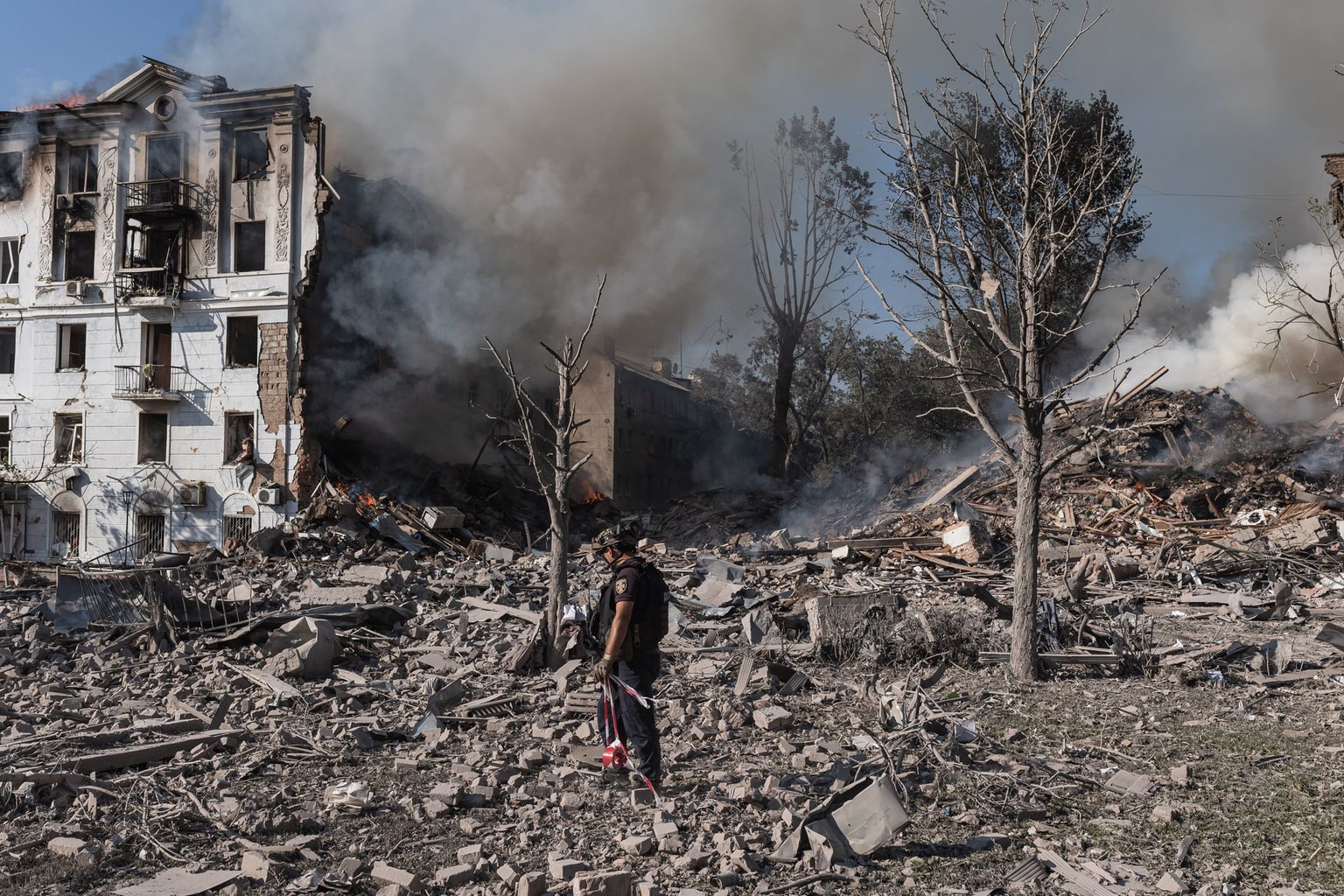Dust and smoke rise from a destroyed building after a Russian shelling of Kramatorsk, Ukraine, on July 31, 2025.