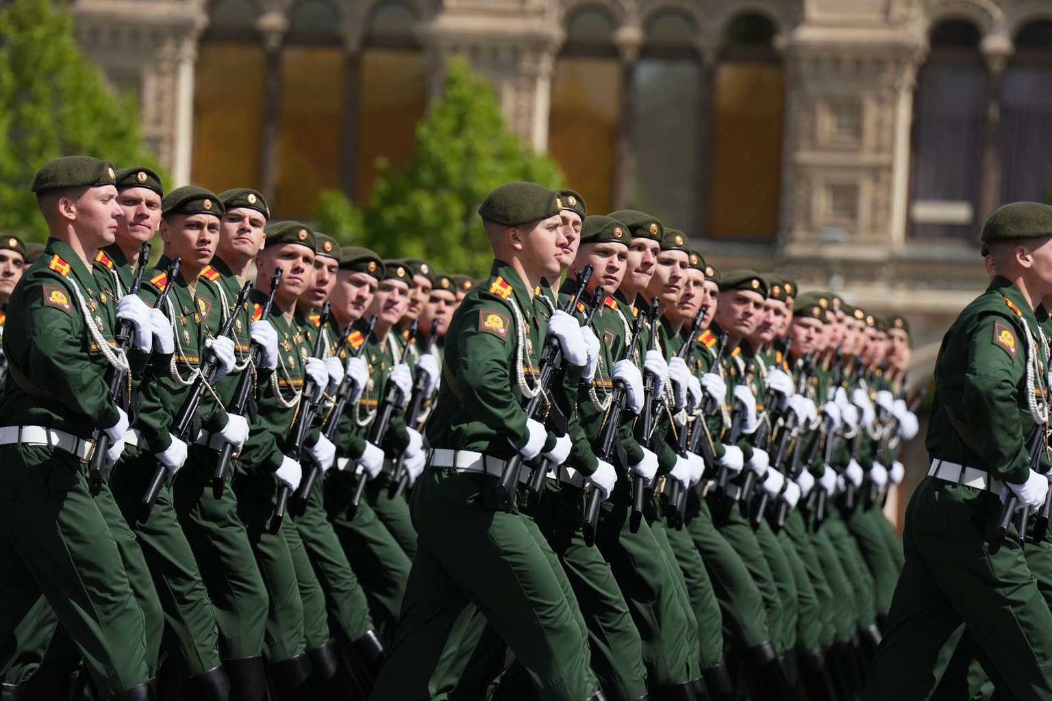 Russian soldiers march during the Victory Day military parade at Red Square, marking the 80th anniversary of the victory in World War II over Nazi Germany and its allies, on May 9, 2025, in Moscow, Russia. (VCG via Getty Images)