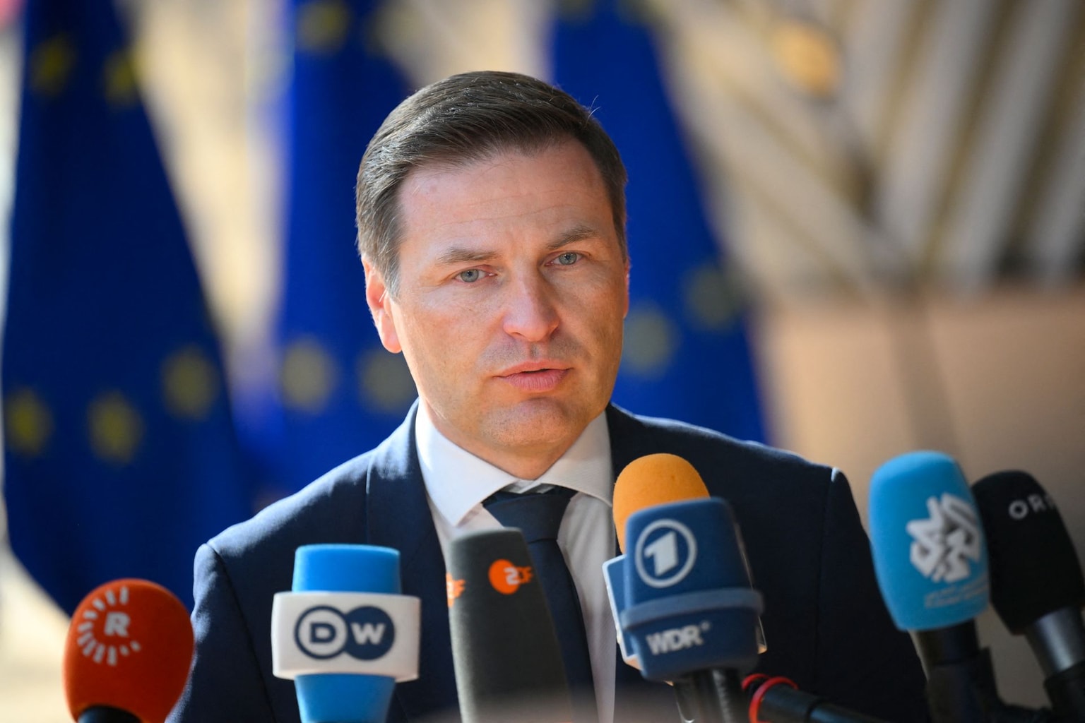 Estonian Defence Minister Hanno Pevkur at the EU headquarters in Brussels on May 20, 2025. (John Thys/AFP via Getty Images)