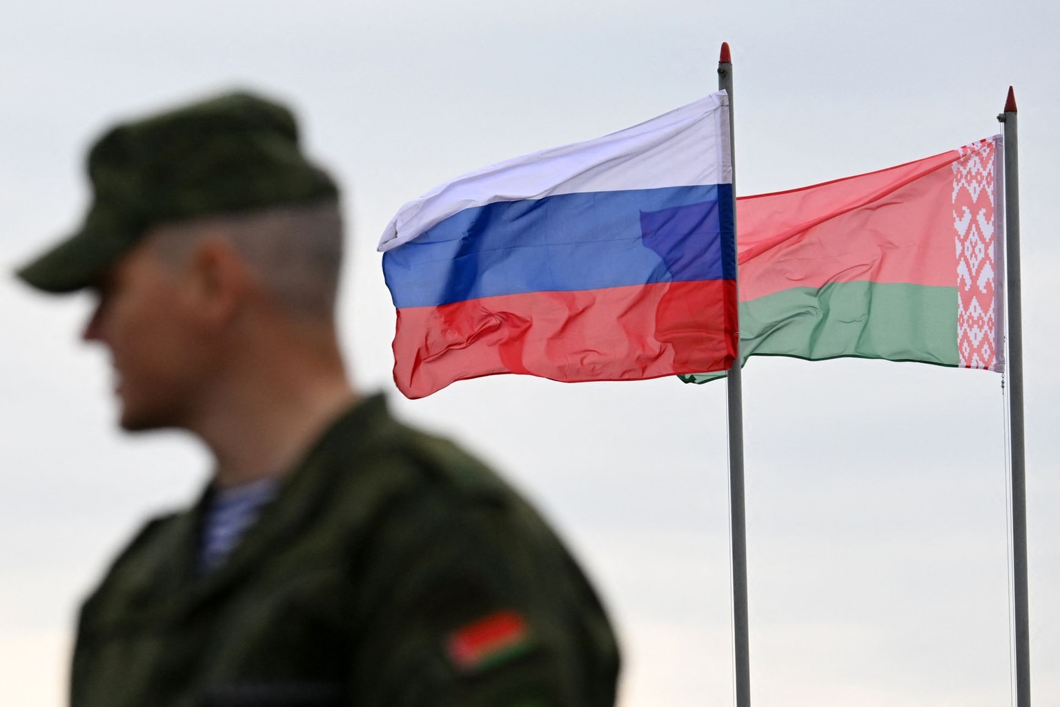 Flags of Russia and Belarus fly during the Zapad-2025 joint Russian-Belarusian military drills on Sept. 15, 2025. (Olesya Kуrpyayeva/AFP via Getty Images)