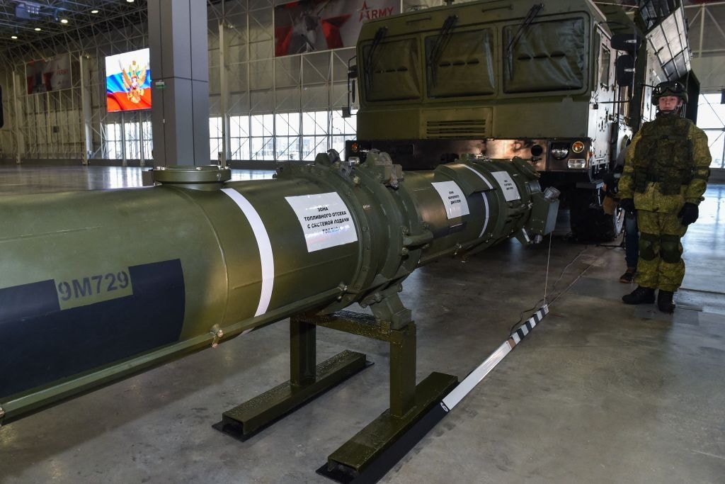 Russian Defence Ministry officials show off the Russia's 9M729 cruise missile at the military Patriot Park outside Moscow on January 23, 2019. (Vasily Maximov/AFP via Getty Images)