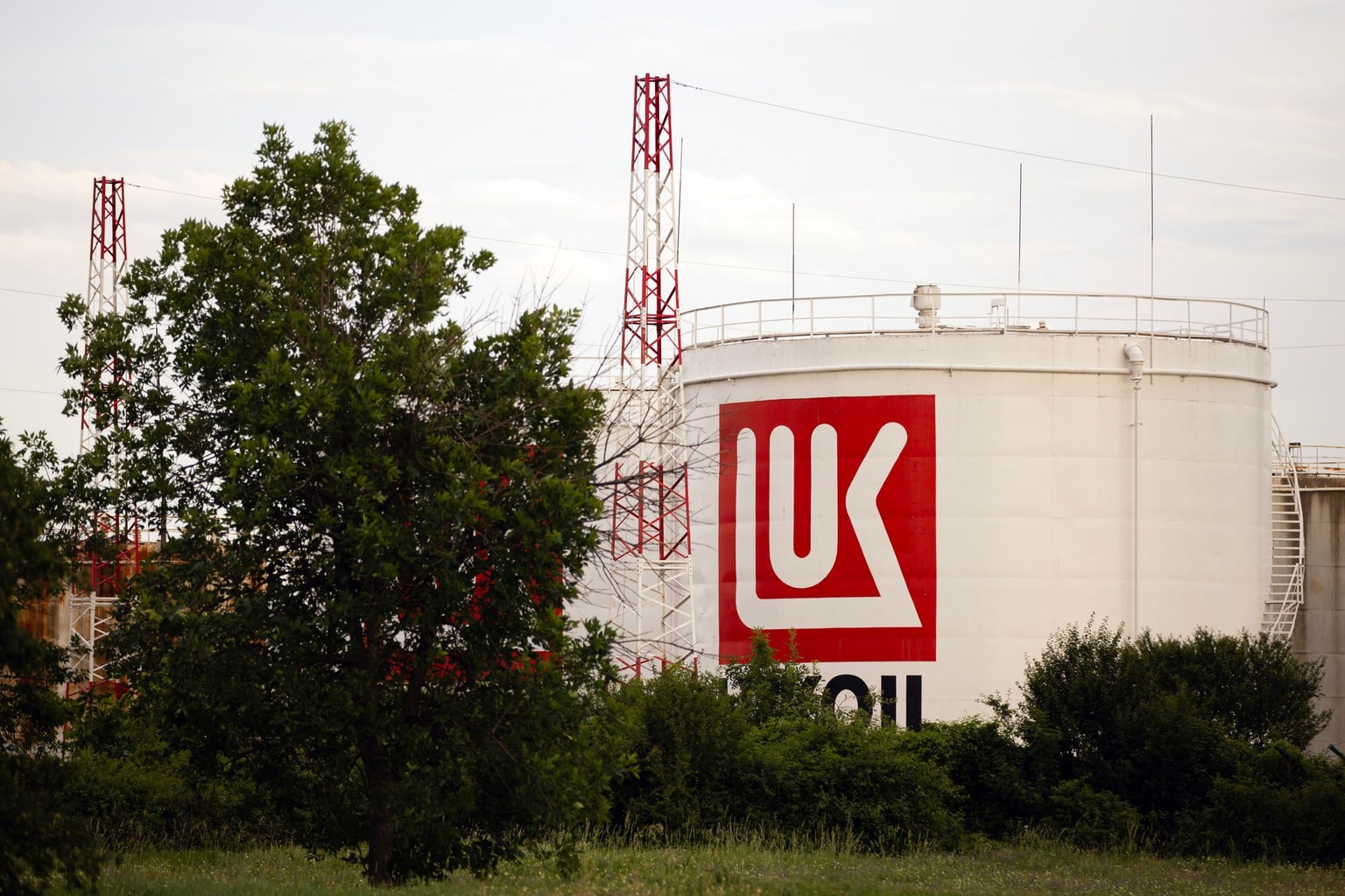 A Lukoil fuel storage facility is being seen near Sofia Airport in Sofia, Bulgaria, on June 11, 2024. (STR/NurPhoto via Getty Images)