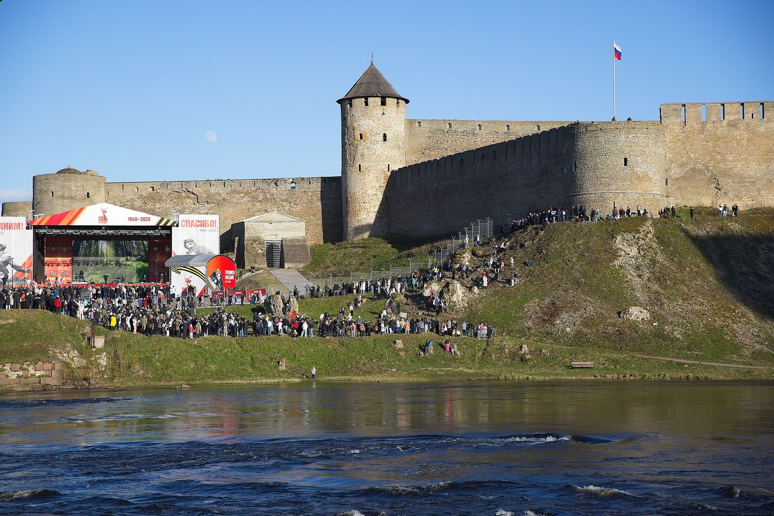 concert marking the 80th anniversary of the Soviet Union’s victory over Nazi Germany in World War II, staged in front of the Russian Fortress of Ivangorod, as seen from Narva, Estonia, on May 9, 2025.