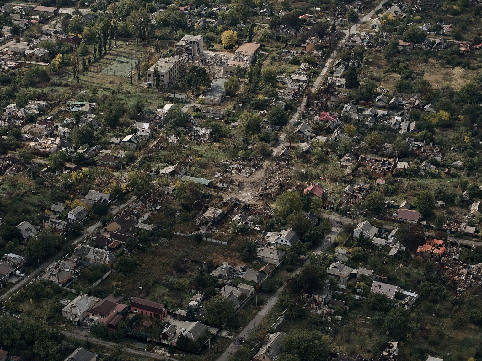 A general aerial view shows the destroyed city covered in morning fog, following months of intense fighting near the front line, on Oct. 7, 2025 in Pokrovsk, Ukraine. (Kostiantyn Liberov/Libkos/Getty Images)