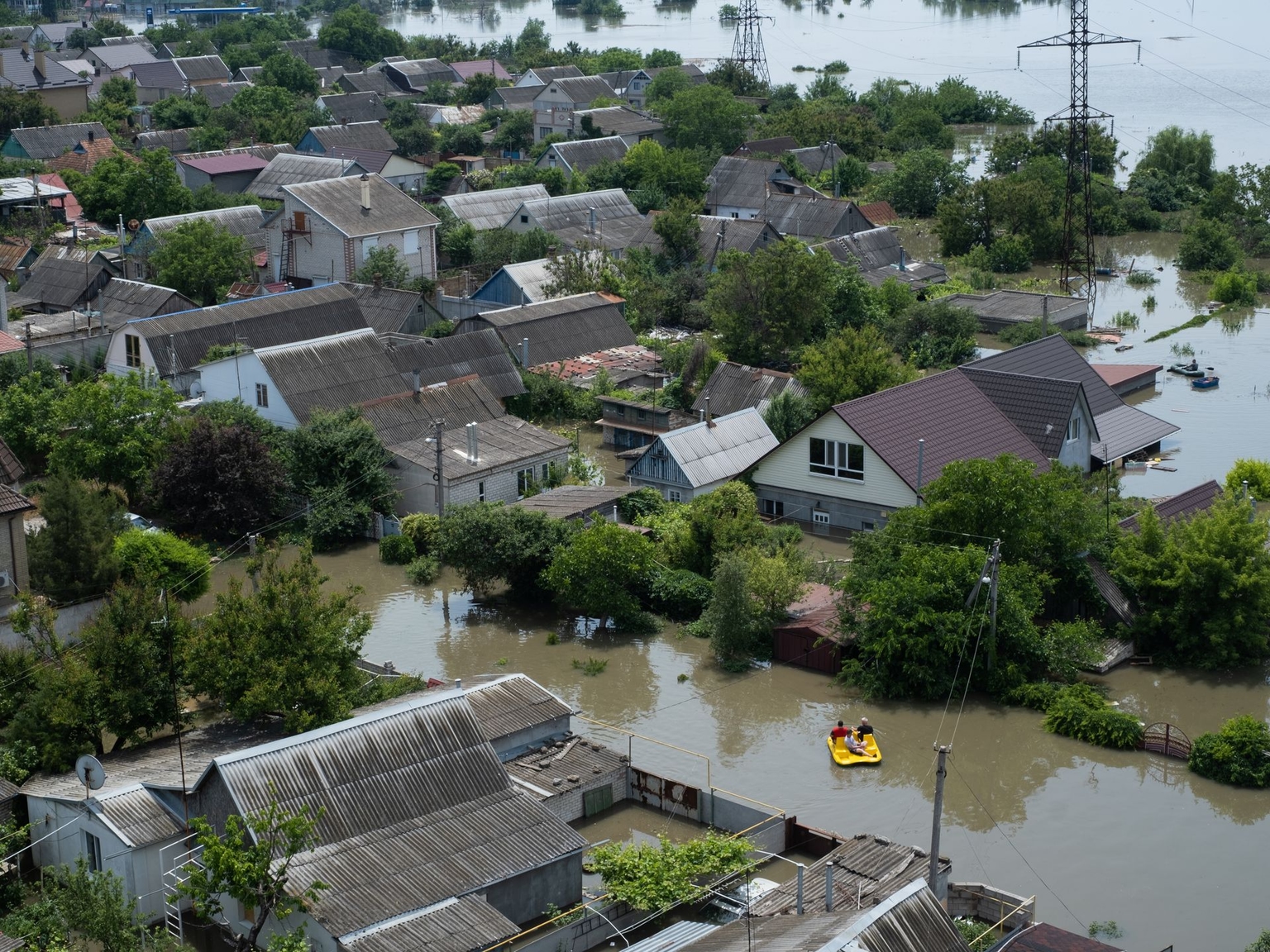 The aftermath of the Kakhovka Dam explosion on June 7, 2023, following its destruction by Russian forces the day before in Kherson Oblast