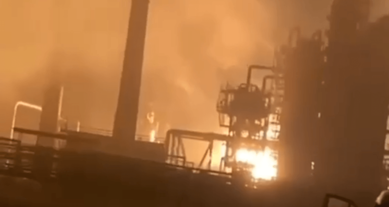 An image purporting to show an explosion at the Ryazan Oil Refinery during an alleged drone strike on the night of Oct. 23, 2025.