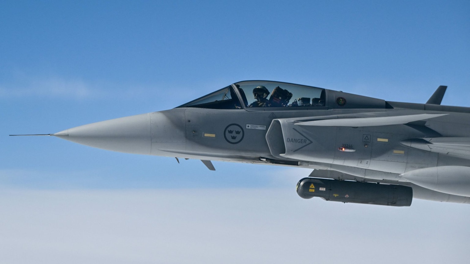 A Swedish Air Force Saab JAS 39 Gripen jetfighter on July 4, 2023.