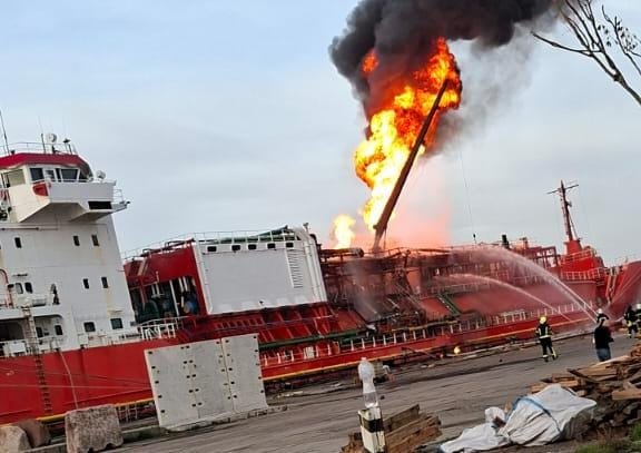 The damaged LPG tanker Orinda, flying the Turkish flag, on fire after being hit by a Russian drone at the Ukrainian port city of Izmail, Odesa Oblast, on Nov. 17, 2025. (Turkey's General Directorate of Maritime Affairs/X)