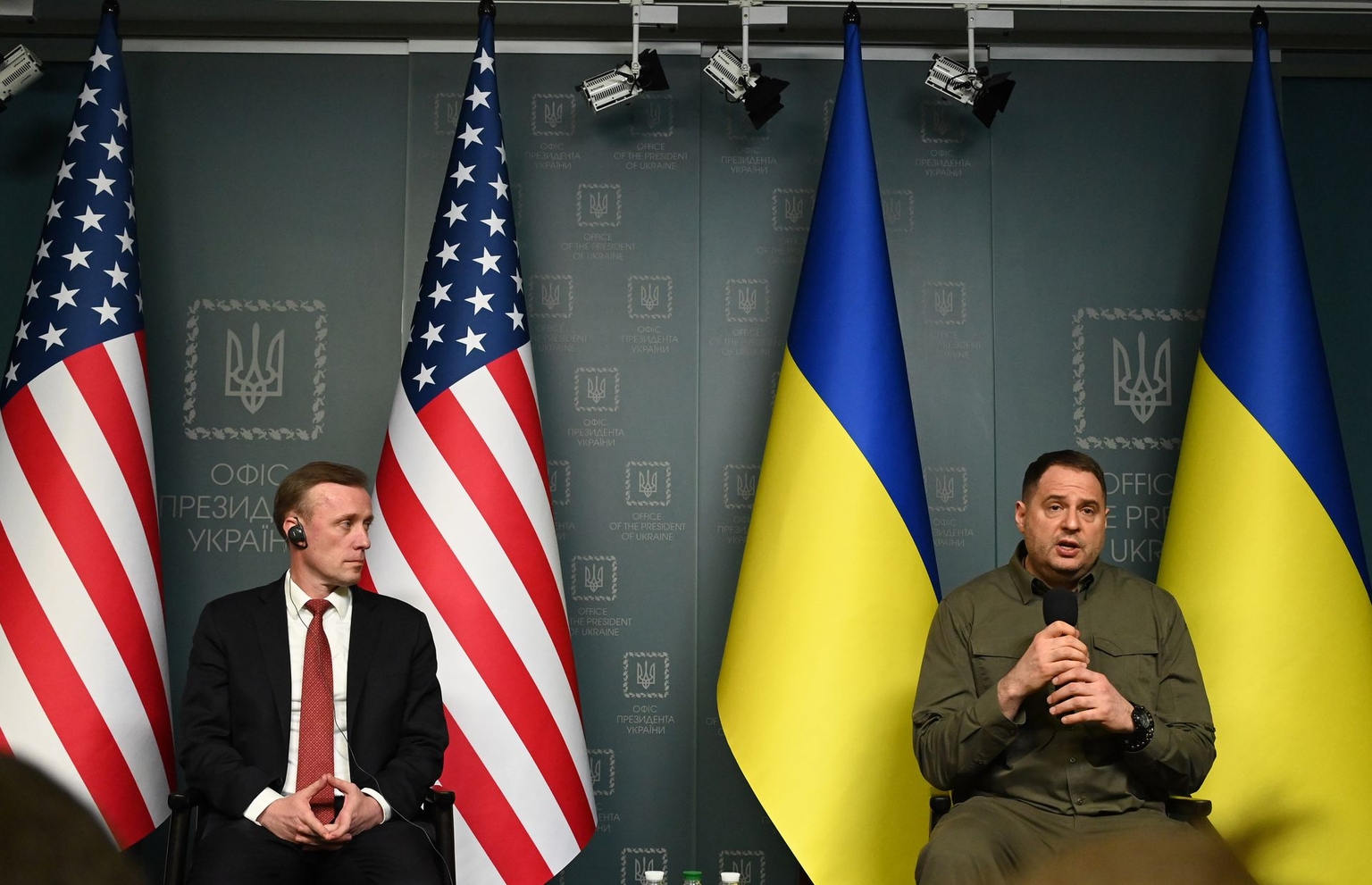 Then-U.S. National Security Adviser Jake Sullivan (L) and Andriy Yermak, Head of the Presidential Office of Ukraine (R), attend a press briefing in Kyiv, Ukraine, on March 20, 2024.