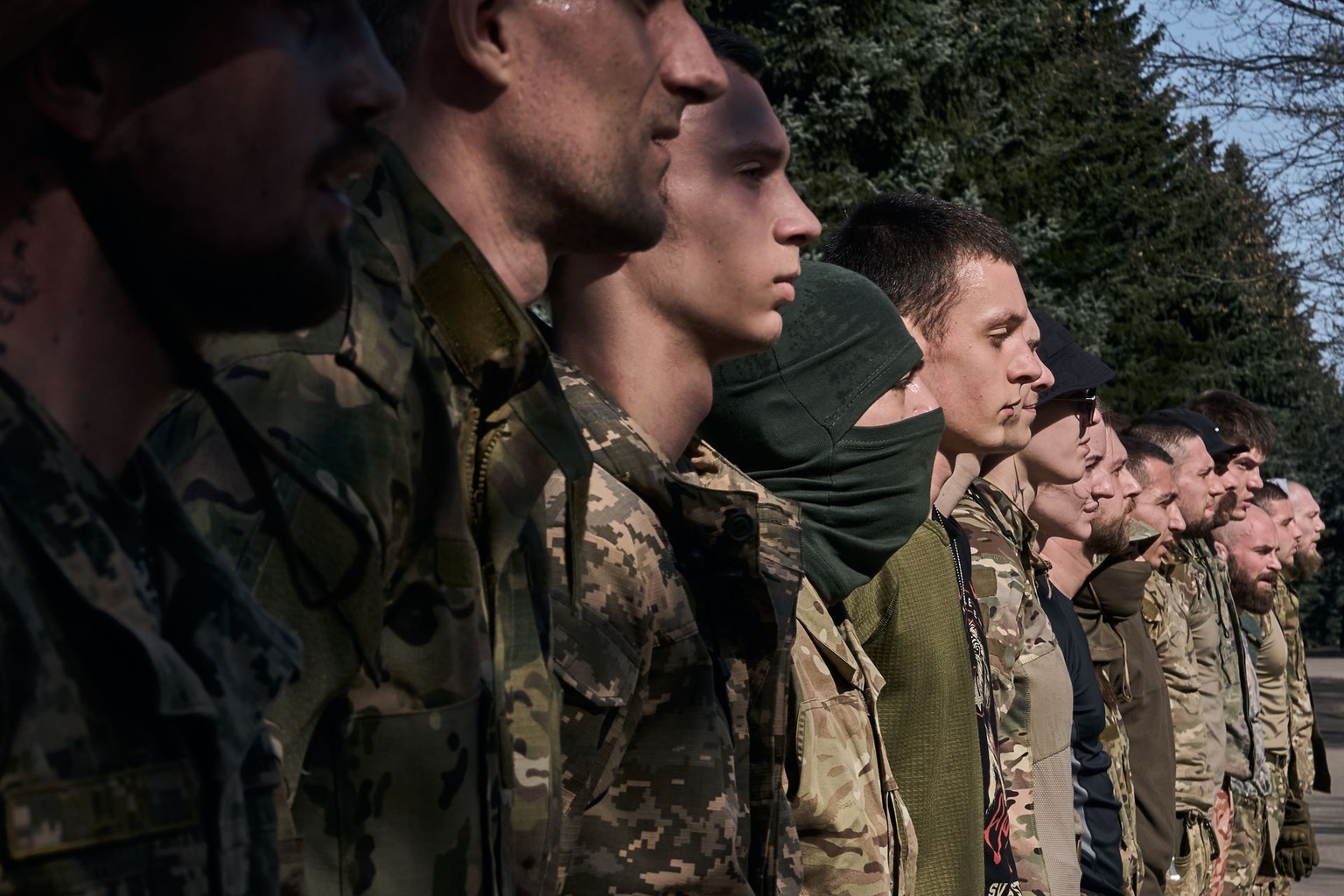 People at the recruiting center in Kyiv, Ukraine, on April 9, 2024, as they prepare to join the Third Assault Brigade of Ukraine’s armed forces