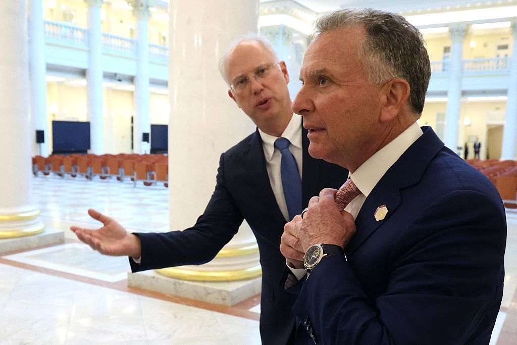 Kirill Dmitriev (L) speaks with U.S. President Donald Trump’s envoy Steve Witkoff (R) in Saint Petersburg, Russia, on April 11, 2025.