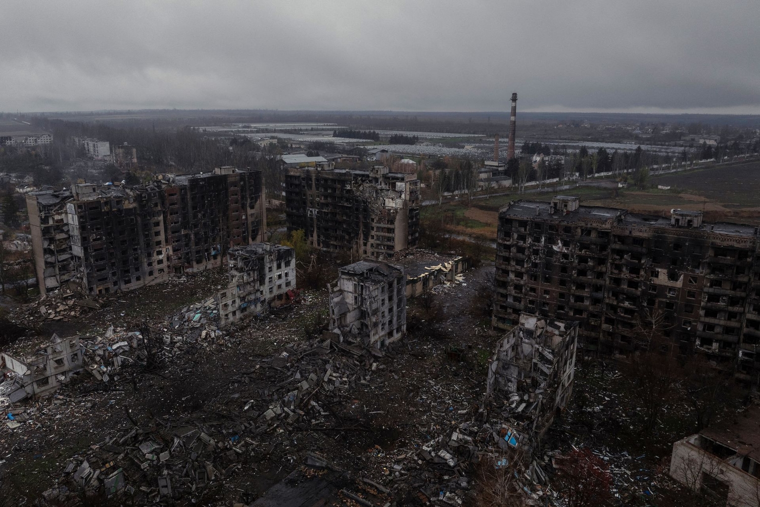 An aerial view shows destroyed buildings in the frontline town of Kostyantynivka, Donetsk Oblast, Ukraine, on Nov. 12, 2025.