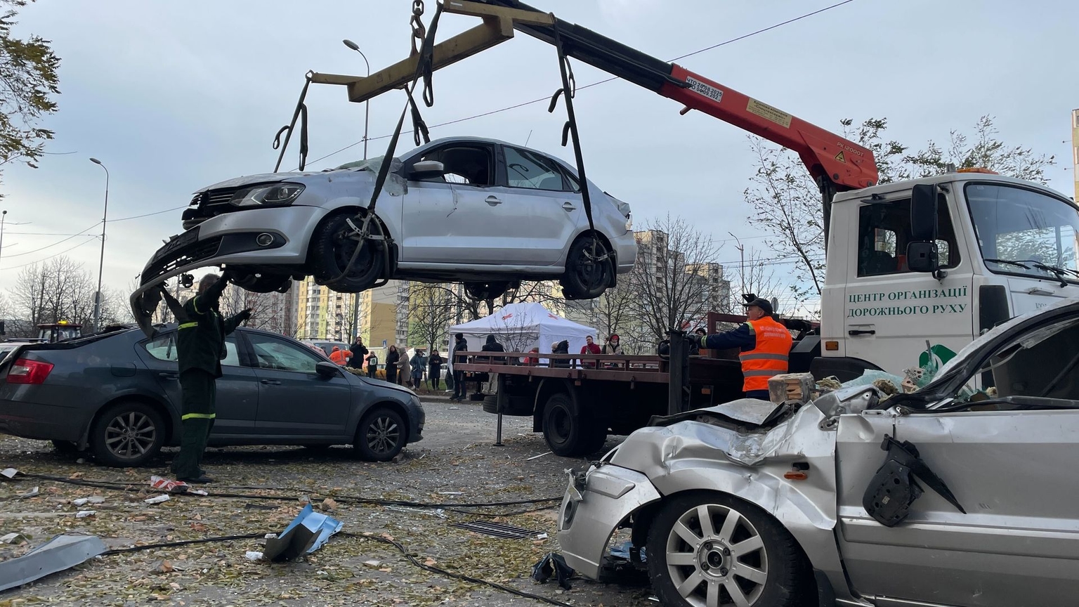 The clean-up operation after yet another mass Russian missile and drone attack on Kyiv, Ukraine, on Nov. 14, 2025.