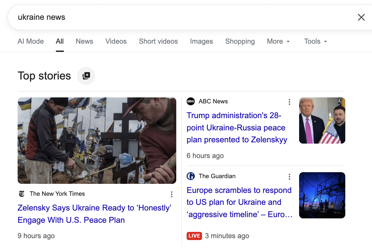 Screenshot showing results on Google for "Ukraine news" query.