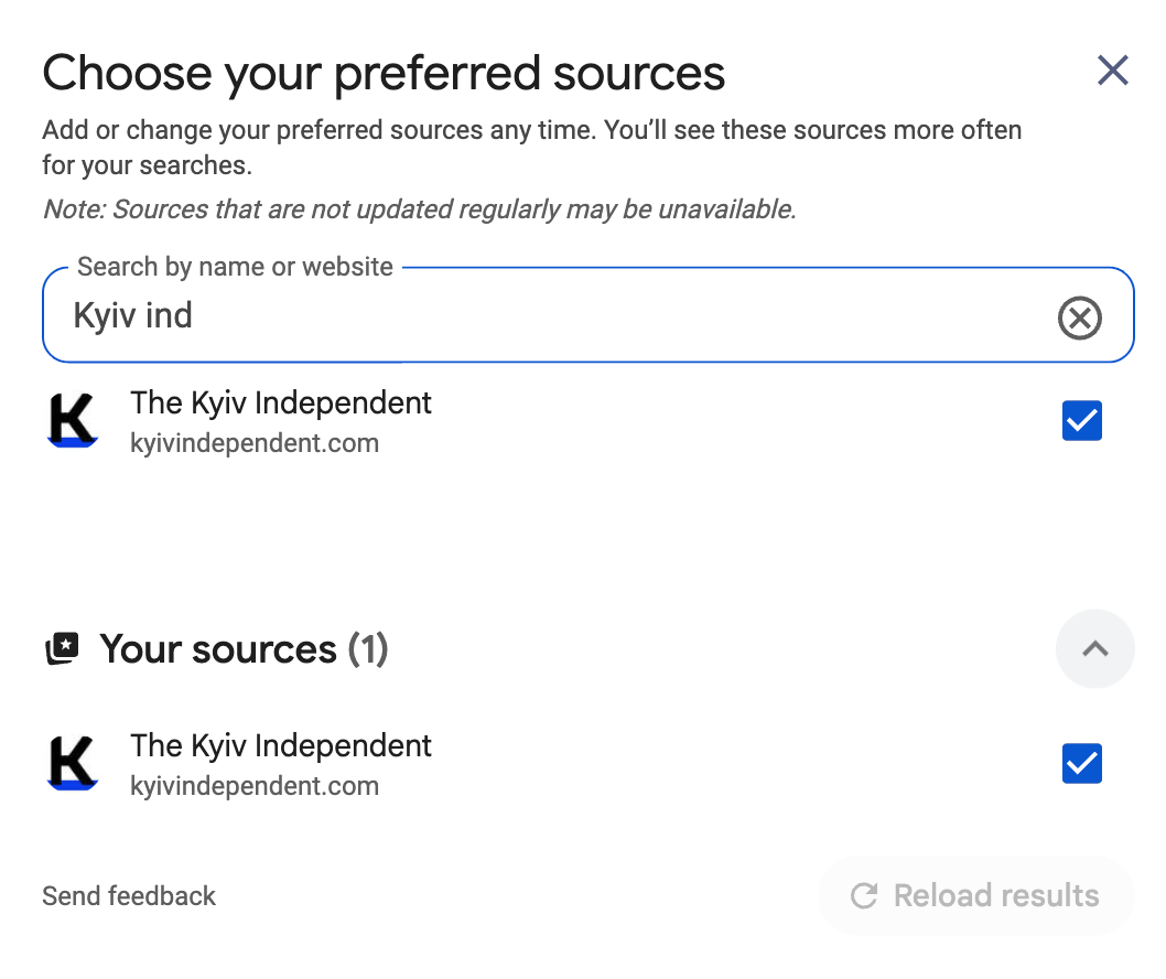 Screenshot showing preferred sources settings on Google.