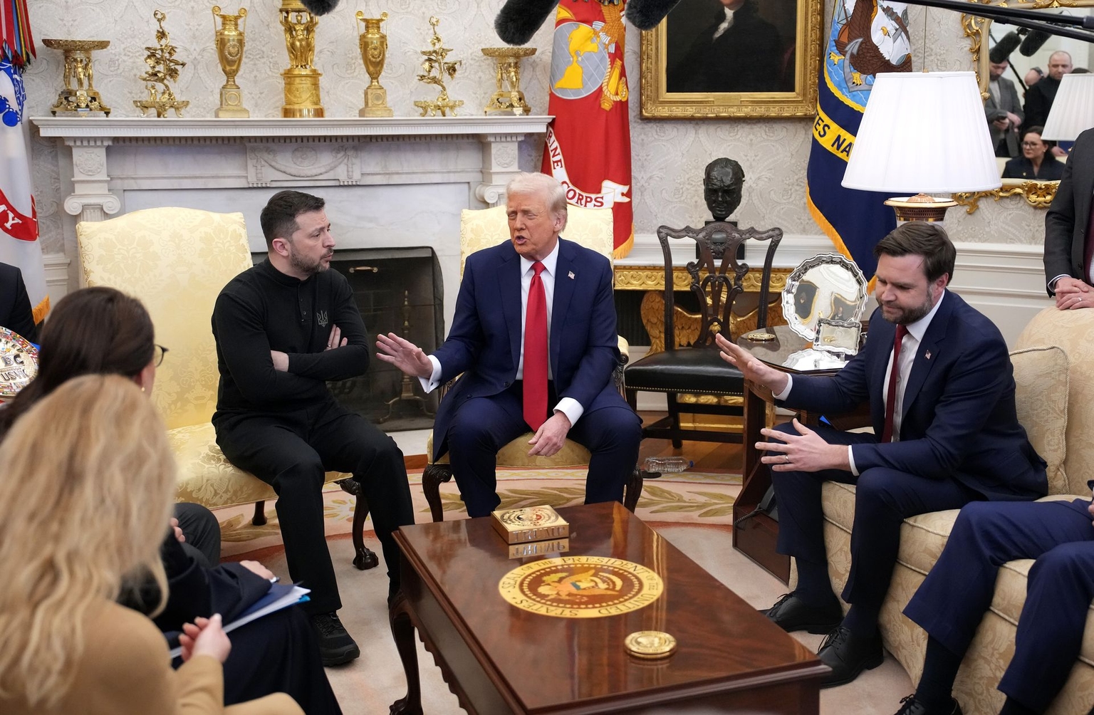 U.S. President Donald Trump and Vice President JD Vance meet with President Volodymyr Zelensky in the Oval Office at the White House in Washington, DC