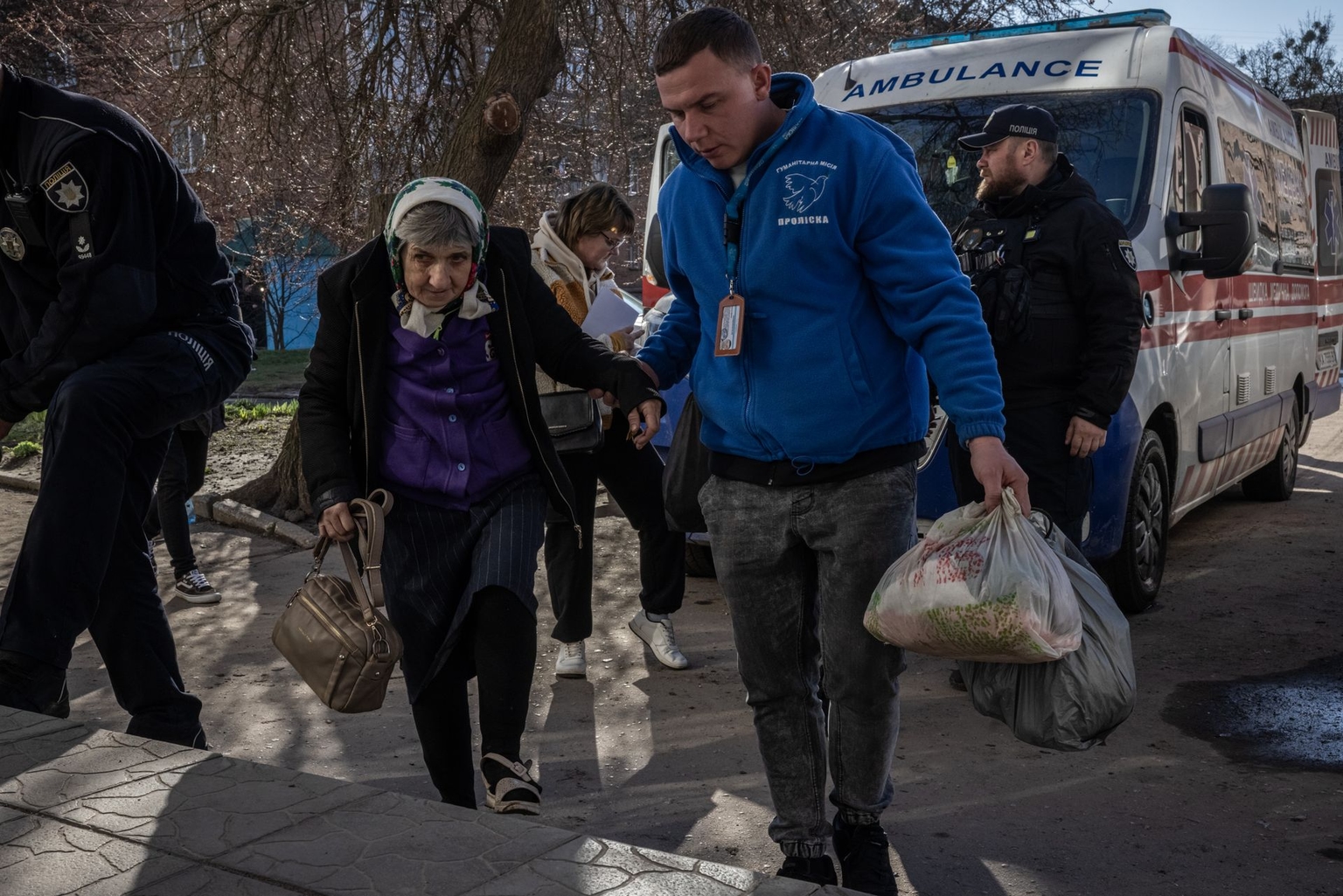 Zhelizniak Zoia, 61, arrives at an evacuation center after being evacuated from a village near the Russian border in Sumy, Ukraine, on March 4, 2025.