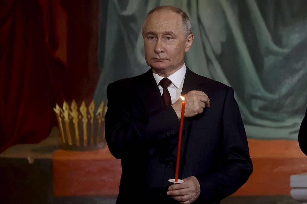 Russian President Vladimir Putin attends the Easter service led by Russian Orthodox Patriarch Kirill at the Cathedral of Christ the Saviour in Moscow, Russia on April 20, 2025. (Stringer/Anadolu via Getty Images)