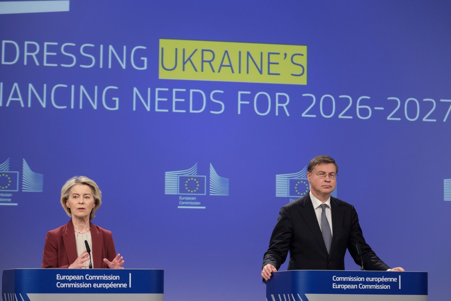 President of the European Commission Ursula von der Leyen (L) and the EU Commissioner for Economy Valdis Dombrovskis (R) talk to media at the EU Commission on Dec. 3, 2025 in Brussels, Belgium. (Thierry Monasse/Getty Images)