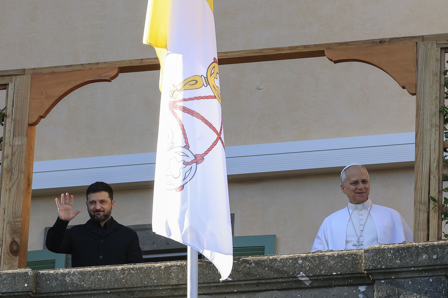 President Volodymyr Zelensky (L) and Pope Leo XIV (R) in Castel Gandolfo, Italy, on Dec. 09, 2025. (Riccardo De Luca/Anadolu via Getty Images)