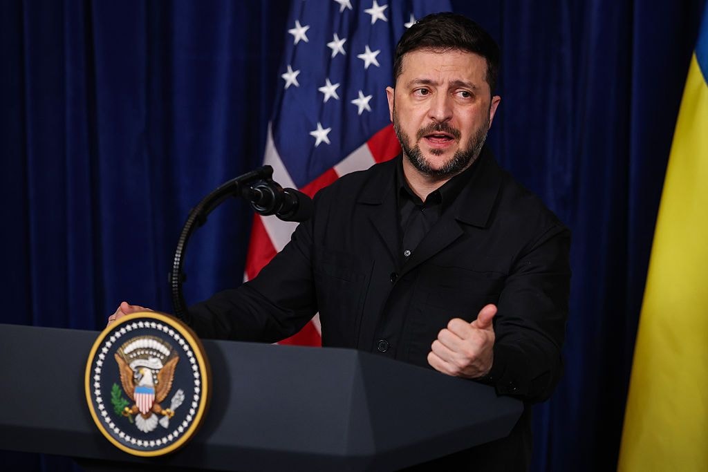 President Volodymyr Zelensky speaks during a press conference with U.S. President Donald Trump following their meeting at Trump’s Mar-a-Lago club on Dec. 28, 2025 in Palm Beach, Florida. Trump invited Zelensky to his private club to work on the U.S. proposed peace plan to end the war in Ukraine as it approaches four years since the full-scale invasion by Russia on February 24, 2022. (Joe Raedle/Getty Images)