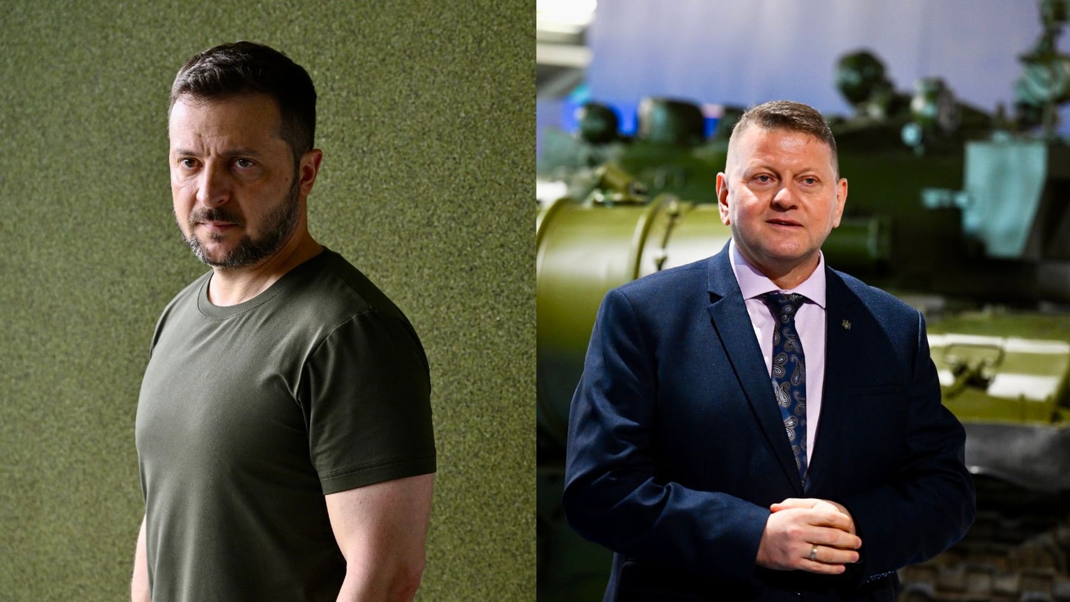 President Volodymyr Zelensky (L), Ukraine's ambassador to the U.K. Valerii Zaluzhnyi (R). (Genya Savilov / Finnbarr Webster/Getty Images)