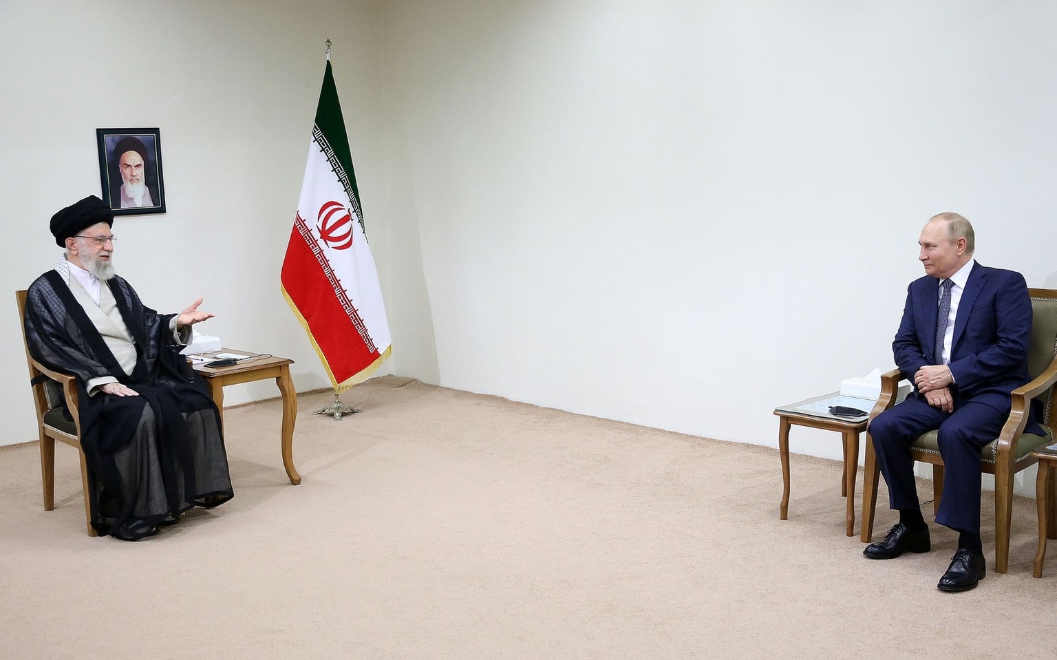 Iran’s Supreme Leader Ali Khamenei (L) meets with Russian President Vladimir Putin (R) in Tehran, Iran, on July 19, 2022. (Iranian Leader Press Office / Anadolu Agency via Getty Images)