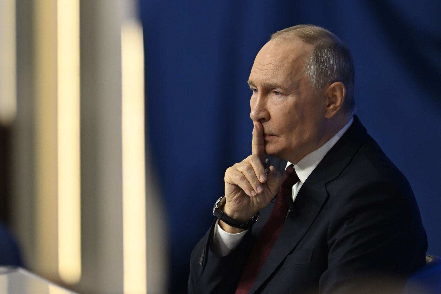 Russia's President Vladimir Putin attends annual special televised question-and-answer session and year-end news conference scheduled to take place at the Gostiny Dvor trade and exhibition centre on Dec. 19, 2025, in Russia, Moscow. (Sefa Karacan/Anadolu via Getty Images)
