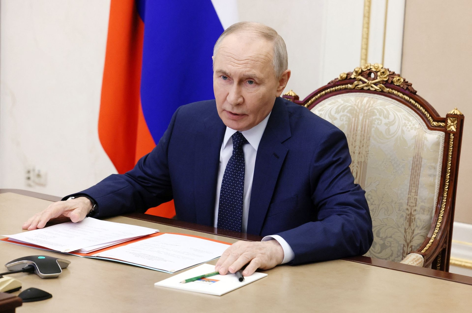Russia’s President Vladimir Putin chairs a Security Council meeting via video link in Moscow, Russia, on Dec. 26, 2025.
