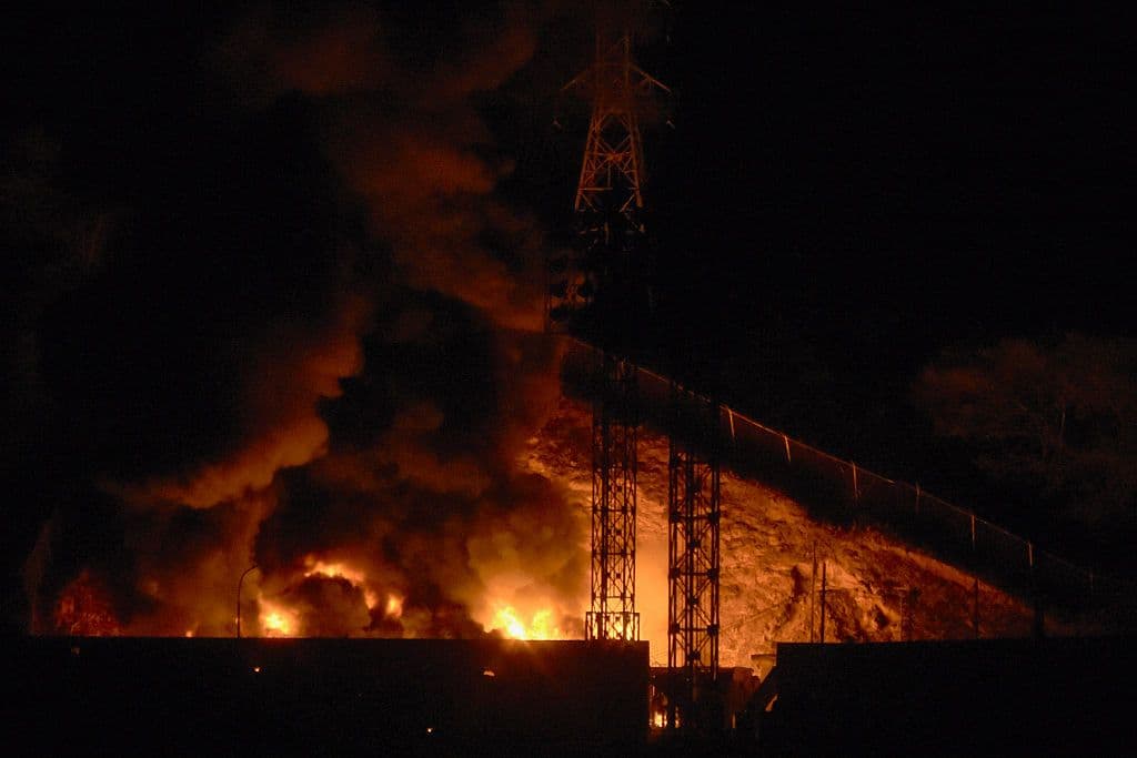 A fire burns at Fuerte Tiuna, after a series of explosions in Caracas, Venezuela, on Jan. 3, 2026.