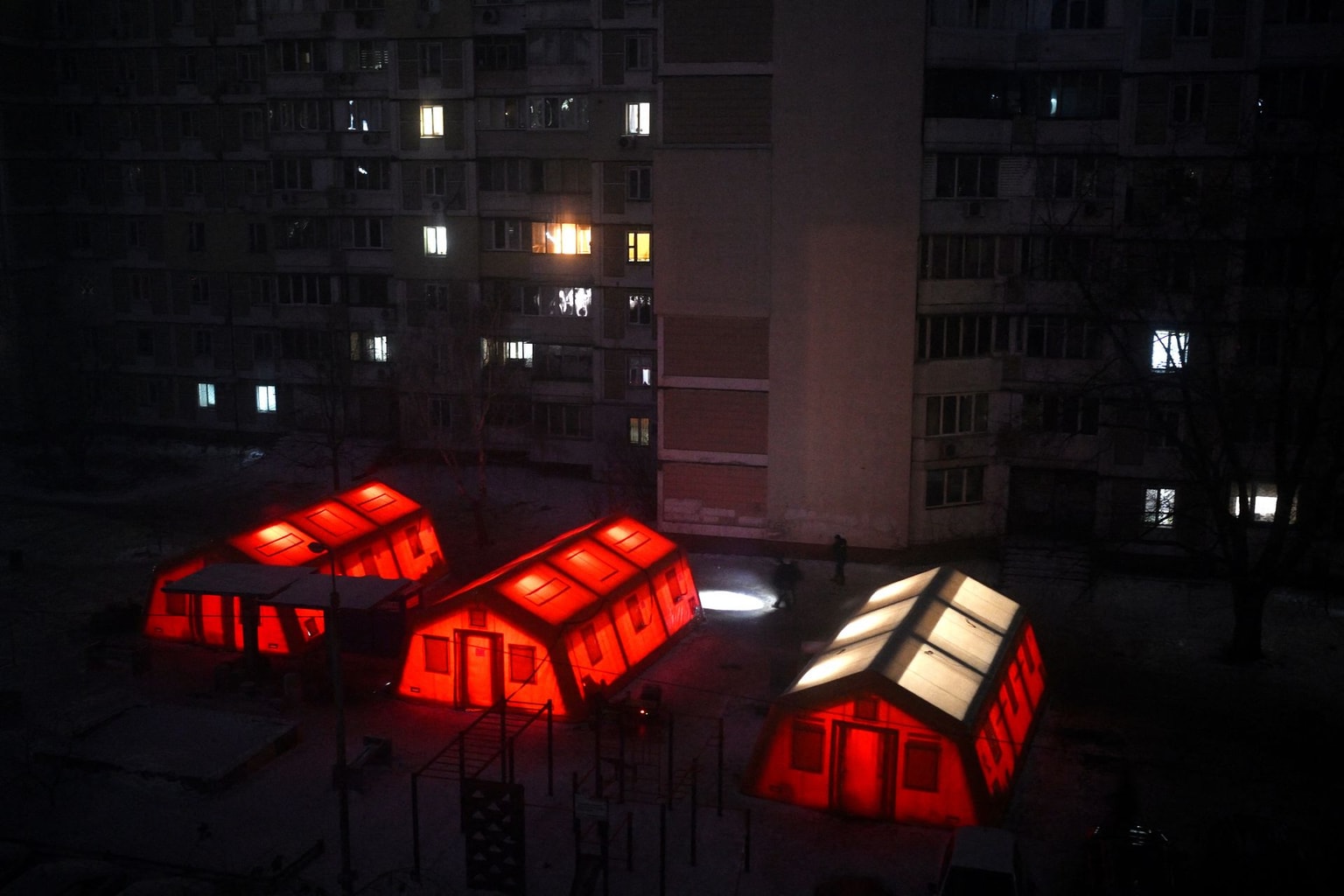 heating tents set up in the courtyard of a residential building in Kyiv, Ukraine, on Jan. 19, 2026.