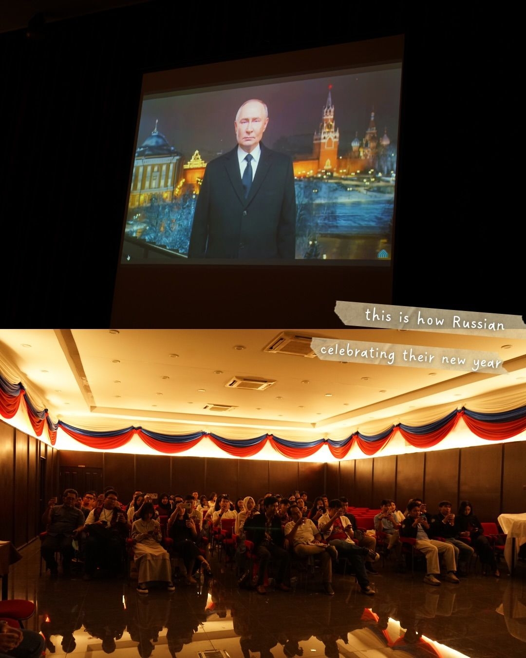 Members of Rusfluence watch the New Year address by Russian President Vladimir Putin at the Russian House in Jakarta, Indonesia, in a post shared on Dec. 21, 2025.