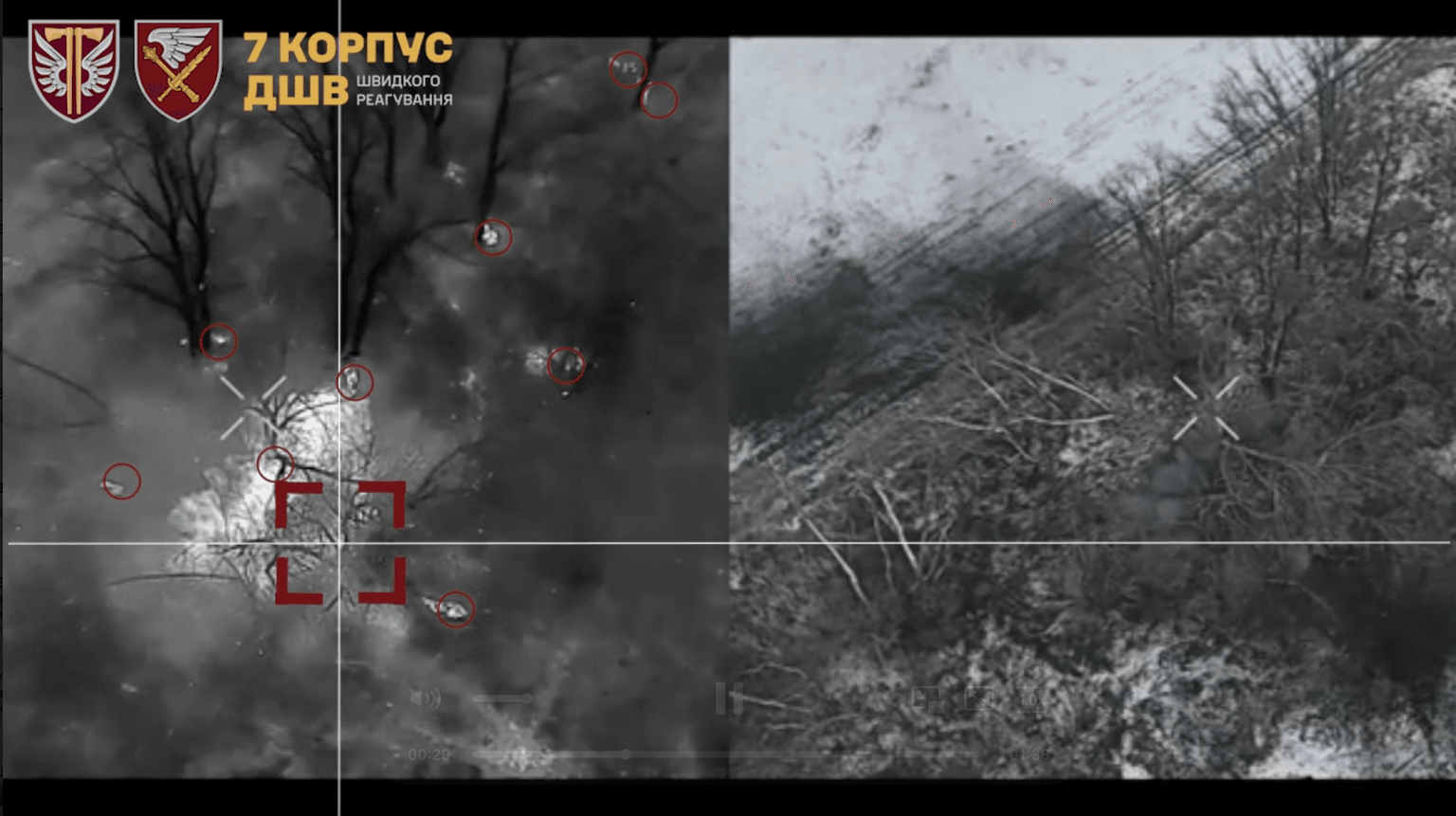 A screenshot from a video released by Ukraine's 7th Rapid Response Corps on Jan. 5 purporting to show the destruction of a unit of Russia soldiers attempting to storm Kupiansk via a gas pipeline (Facebook)