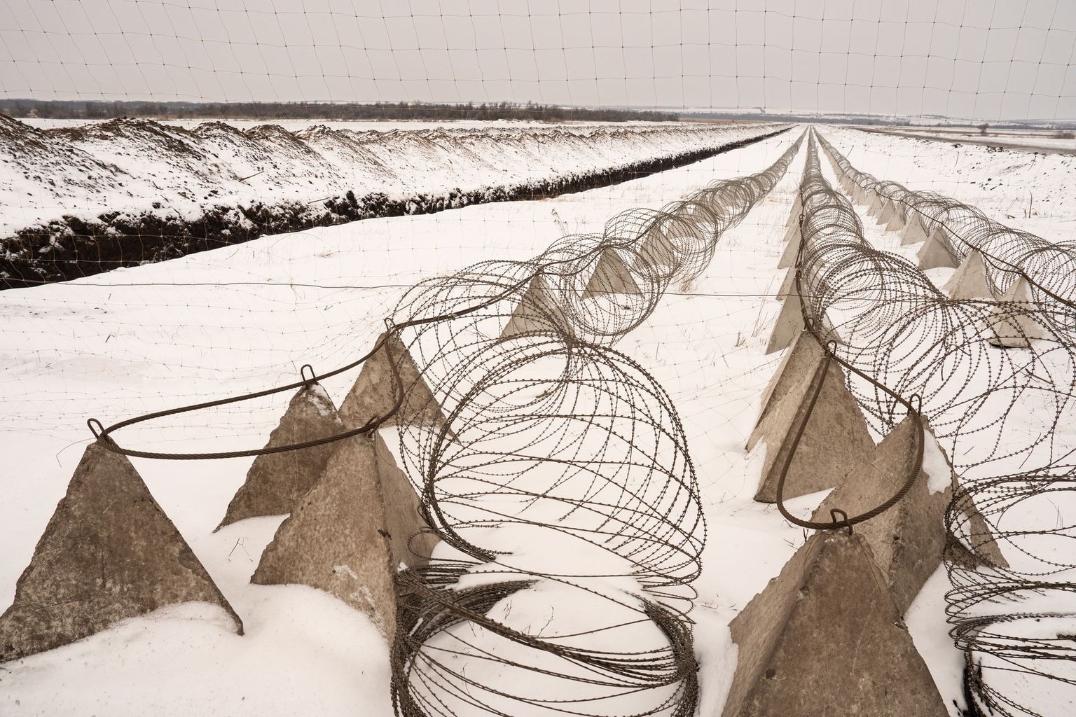 Dragon’s teeth defensive fortifications are seen in Donetsk Oblast, Ukraine, on Jan. 25, 2026.