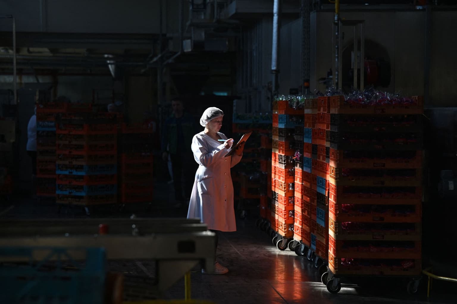 An employee counts trays of bread at the bread factory near Kyiv, Ukraine, on May 25, 2022.