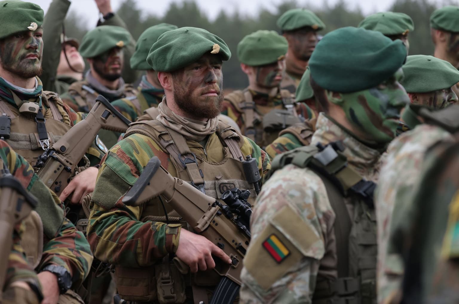 Belgian and Lithuanian troops during the NATO Iron Wolf military exercises in Pabrade, Lithuania, on Oct. 26, 2022.