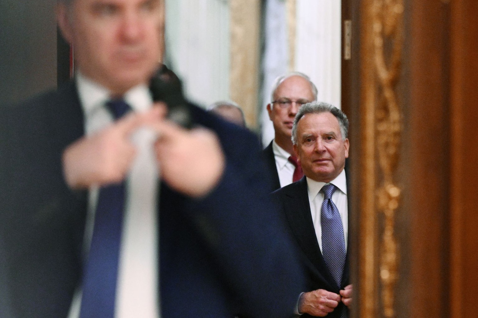 U.S. special envoy Steve Witkoff, accompanied by Kremlin economic envoy Kirill Dmitriev in Moscow on Dec. 2, 2025. (Kristina Kormilitsyna / POOL / AFP via Getty Images)