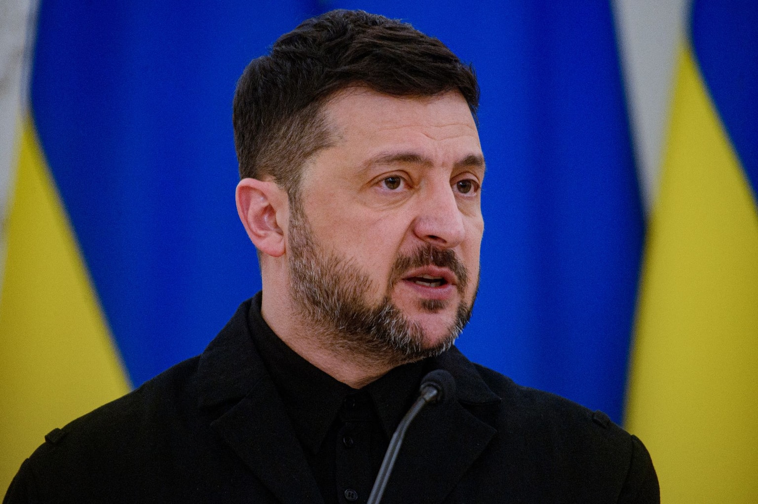 Ukrainian President Volodymyr Zelenskyy seen talking during the joint press-conference with Polish President Karol Nawrocki and Lithuanian President Gitanas Nauseda in the Presidential Palace on Jan. 25, 2026. (Yauhen Yerchak/SOPA Images/LightRocket via Getty Images)