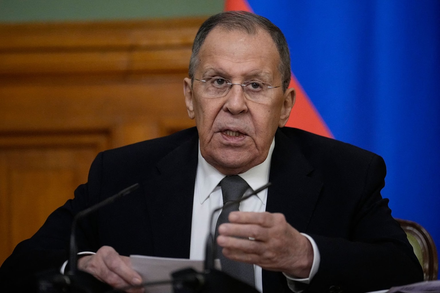 Russian Foreign Minister Sergei Lavrov in Moscow on Feb. 6, 2026. (Alexander Zemlianichenko / POOL / AFP via Getty Images)