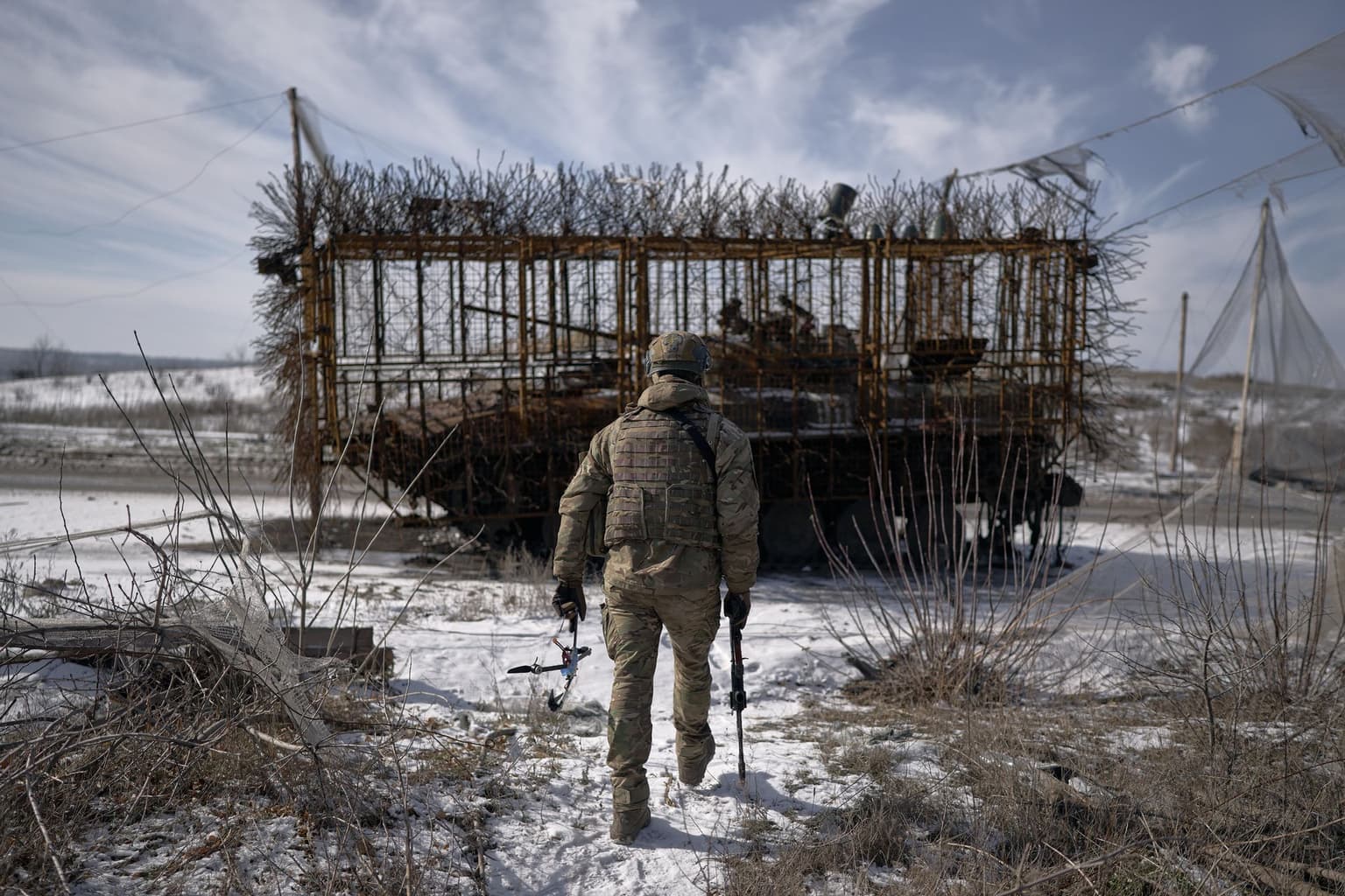 road between Druzhkivka and Kostiantynivka near the front line in Donetsk Oblast, Ukraine, on Feb. 11, 2026.