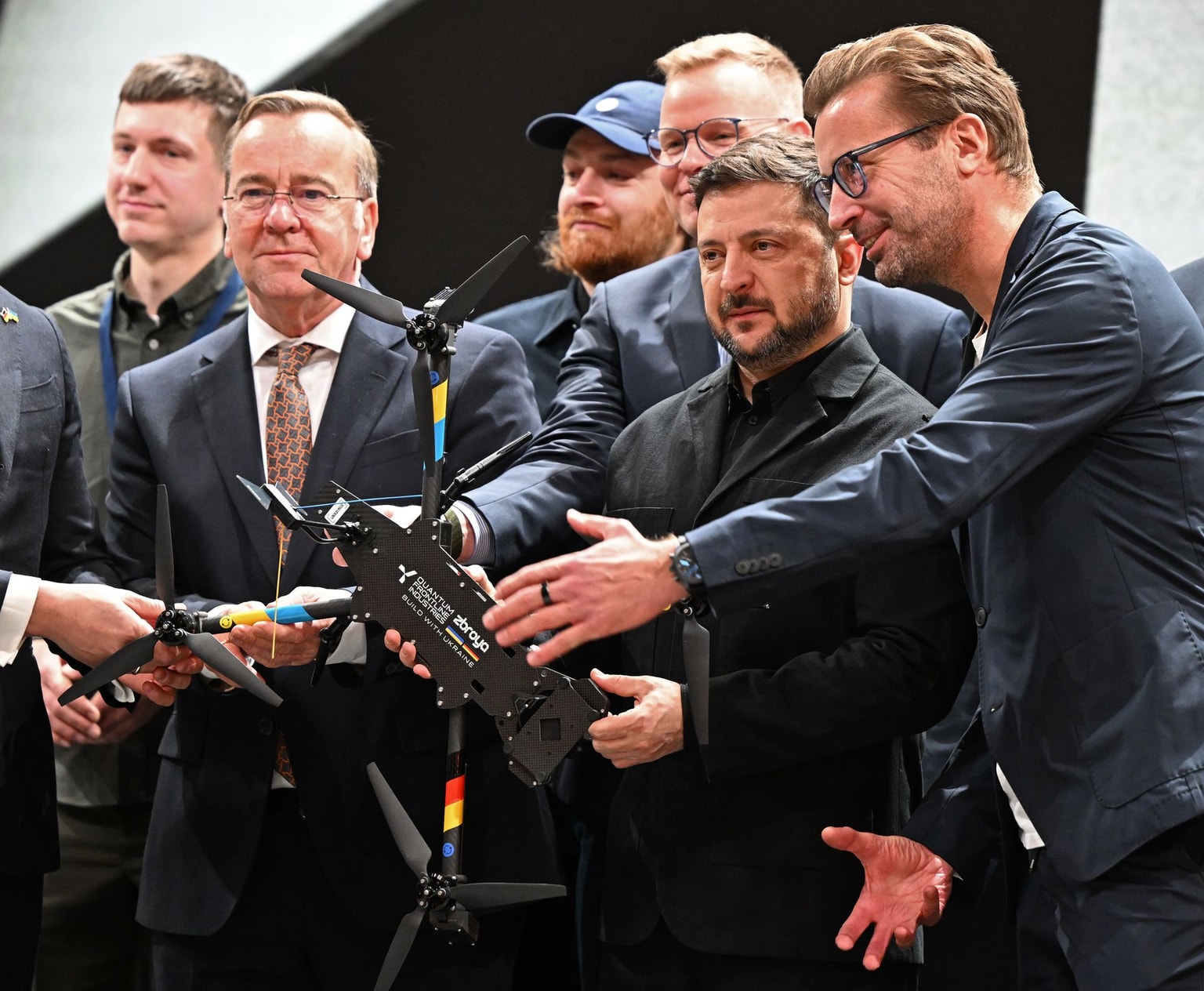 Ukraine's President Volodymyr Zelensky and German Defense Minister Boris Pistorius visited the drone manufacturer Quantum Frontline Industries before the start of the Munich Security Conference on Feb. 13, 2026. (Sven Hoppe/picture alliance via Getty Images)