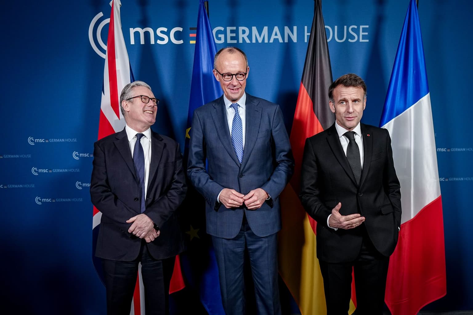 Keir Starmer, Friedrich Merz and Emmanuel Macron attend in Munich, Germany, on Feb. 13, 2026.