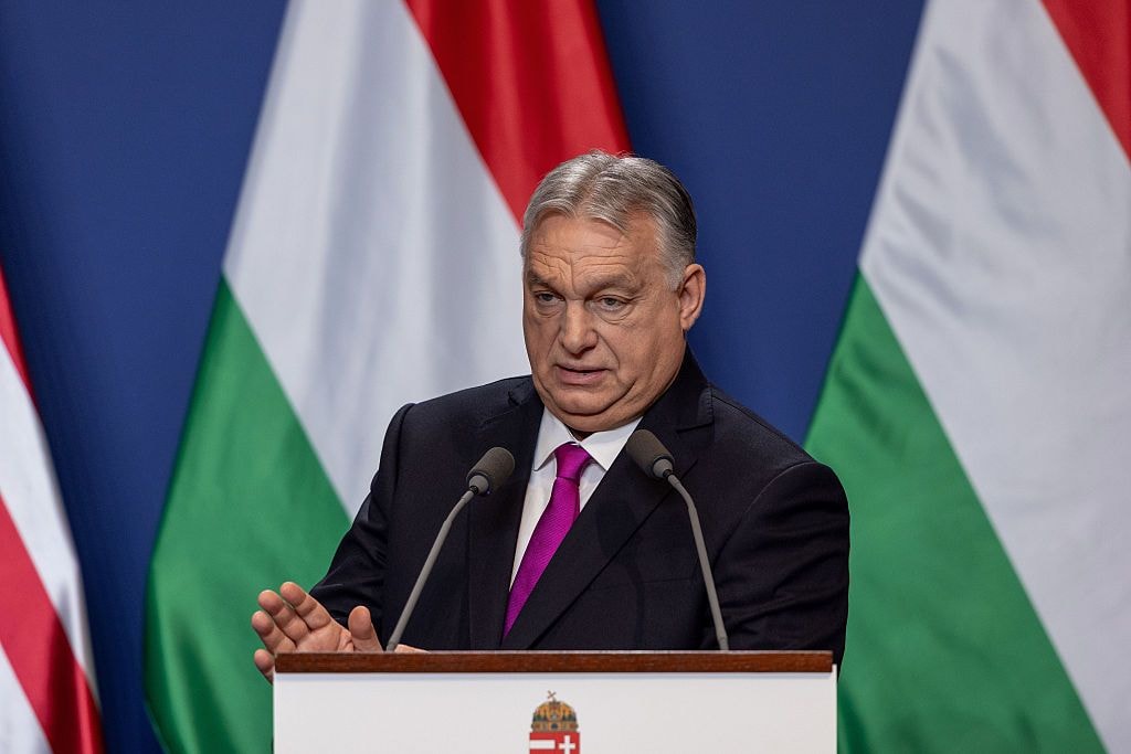 Hungary's Prime Minister Viktor Orban speaks during a press conference on Feb. 16, 2026, in Budapest, Hungary. (Photo by Janos Kummer/Getty Images)