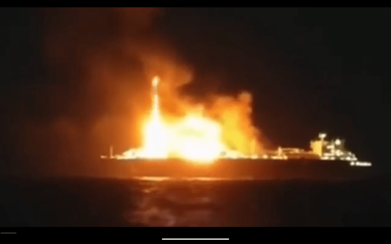 A screenshot of a purported video posted to social media of a fire emanating from the Russian-flagged Arctic Metagaz on March 3, 2026. (ASTRA/Telegram)