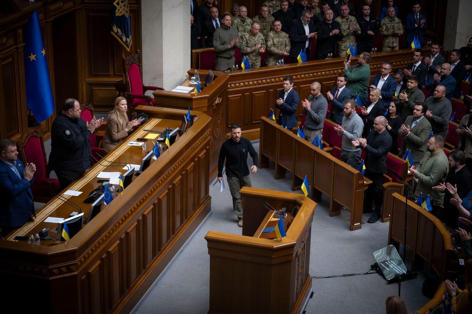 President Volodymyr Zelensky arrives to speak to parliamentarians at the Verkhovna Rada in Kyiv, Ukraine, on Oct. 16, 2024.