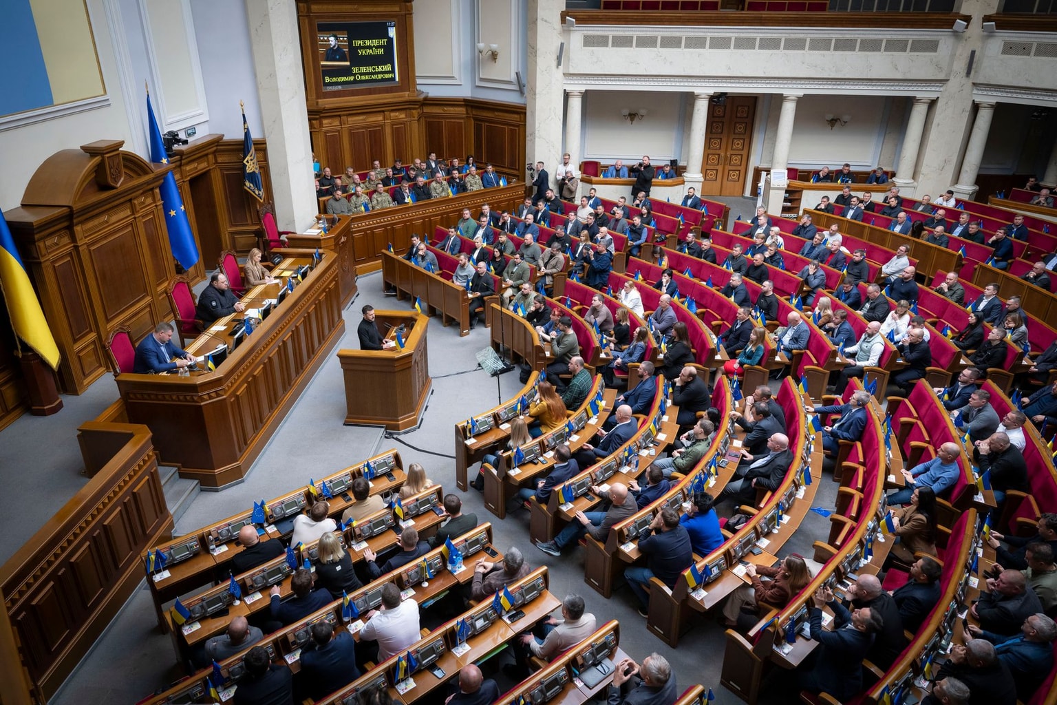 Ukrainian President Volodymyr Zelenskyy addresses parliamentarians at the Verkhovna Rada in Kyiv, Ukraine, on Oct. 16, 2024.